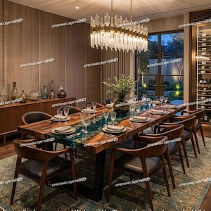 Luxury Emerald Ocean Epoxy River Dining Table, Live Edge Walnut Wood Conference Table, Handmade Coastal Resin Furniture