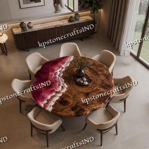 Irregular Round Walnut Epoxy River Dining Table, Dark Pink Live Edge Wood, Modern Luxury
