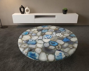 Mesa de centro redonda de ágata hecha a mano / Mesa de centro de losa de piedra preciosa de lujo