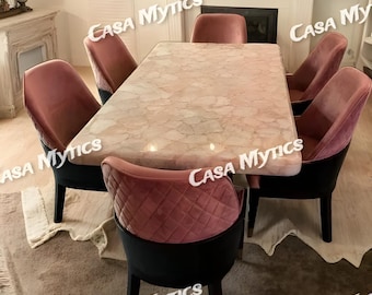 Handmade Rose Quartz Table Top: Pink Crystal Coffee, Console, Bar Counter