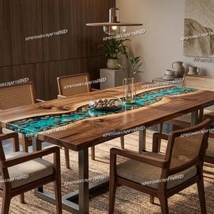 River Stone and Walnut Live Edge Epoxy Dining Table, Blue Resin River Rock Table, Handcrafted Luxury Wood Furniture, Modern Decor