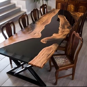 Black Epoxy Resin River Dining Table | Handmade Black Walnut Live Edge Table | Custom Solid Wood Tabletop for Home & Office | Personalized