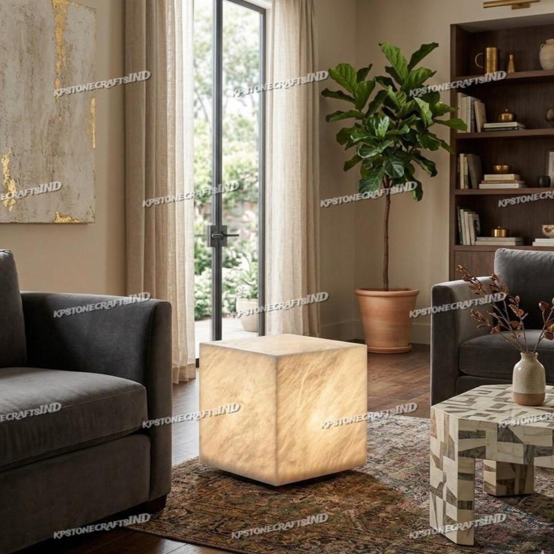 Glowing Alabaster Cube Side Table – Natural Stone End Table With Light ...