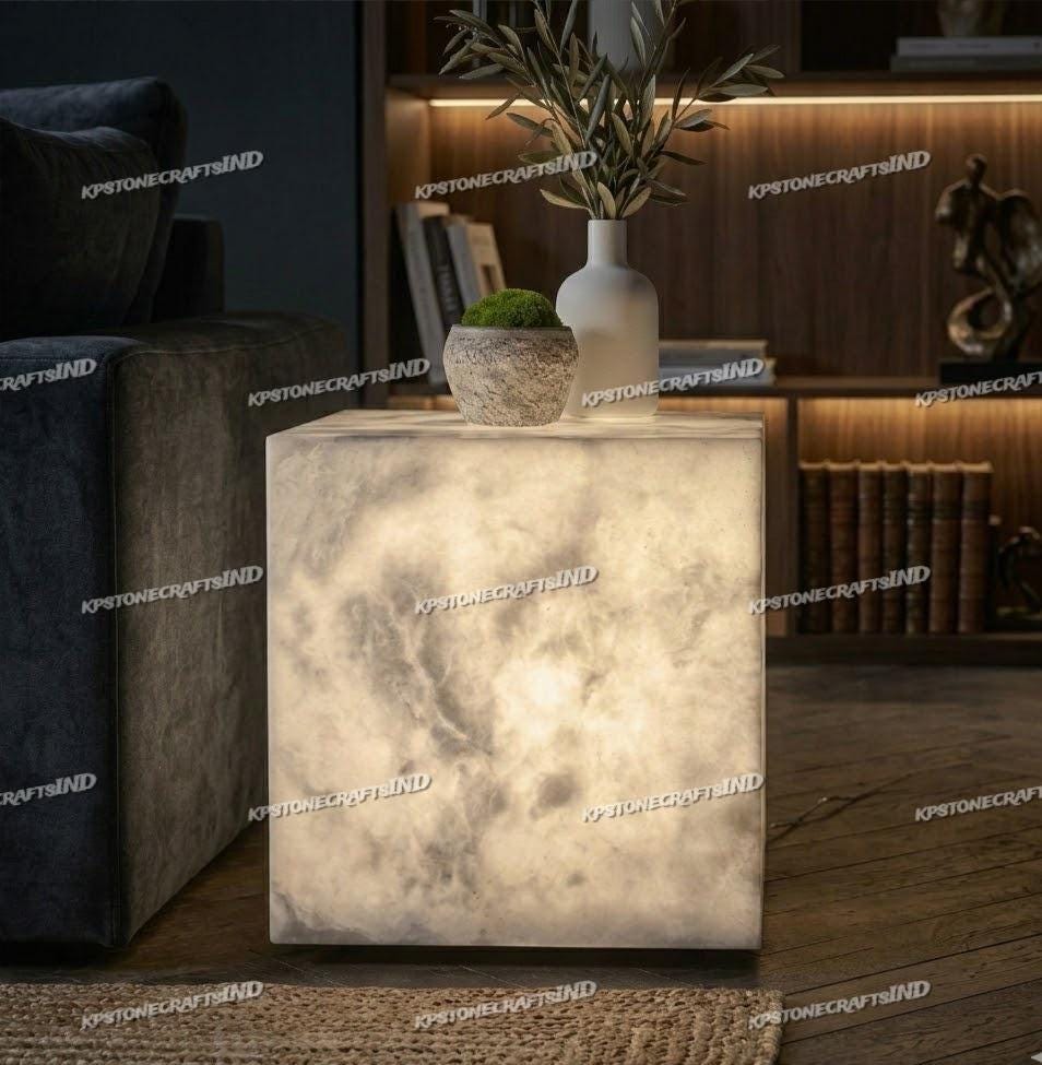 Glowing Alabaster Cube Side Table – Natural Stone End Table With Light ...
