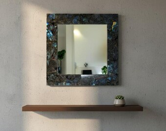 Espejo de pared de piedra labradorita hecho a mano / Marco de piedra preciosa antigua
