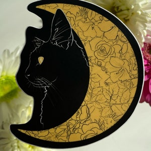 Cat Moon Sticker or Magnet, black cat sticker, witchy vibes, laptop sticker, fridge magnet