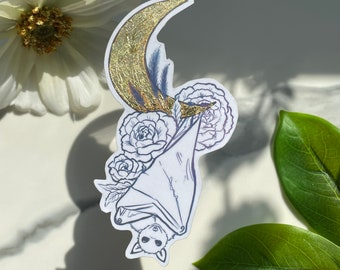 Bat Moon Sticker or magnet, gold leaf, flower, witchy vibes, fridge magnet