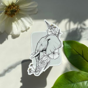 Bloemenolifantsticker of magneet, gestanst magneet, bloemsticker, grijze olifantsticker, koelkastmagneet, laptopsticker