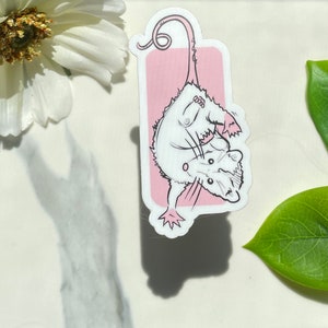 Zarigüeya en pegatina rosa o imán, animal lindo, imán de nevera, pegatina troquelada