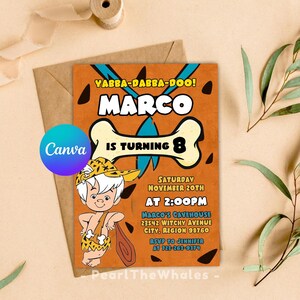 Invitation d'anniversaire modifiable Bam Bam, Yabba Dabba Doo, homme des cavernes, invitation à une fête, Evite d'anniversaire de garçon, téléchargement numérique imprimable, modèle de toile