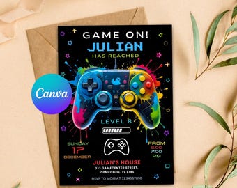 ゲーマーの誕生日招待状：編集可能なビデオゲームパーティー招待状（Canvaテンプレート）