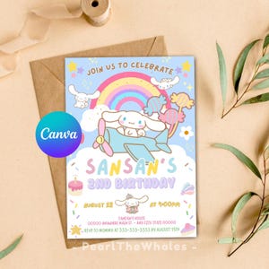 Kawaii Welpe blau Wolken Regenbogen-Einladung, Kawaii Geburtstags-Einladung, Kawaii Einladung, Kawaii Party-Einladung, Kawaii Welpe einladen