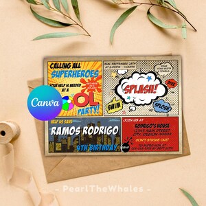 Superhero Pool Party Invitation: Comic Book Birthday (Canva Template)