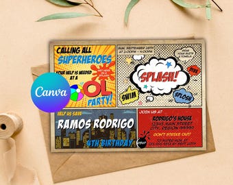 Superhero Pool Party Invitation: Comic Book Birthday (Canva Template)