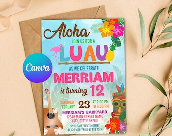 Editable Luau Birthday Invitation: Aloha Tiki Design (Canva Template)