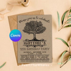 Peut inclure: Une invitation sur papier kraft avec une illustration en noir et blanc d'un arbre avec le texte "Please join us to celebrate MARTINEZ'S 12TH BIRTHDAY PARTY SATURDAY, SEPTEMBER 20TH 5:00PM - 8:00PM MARTINEZ'S HOUSE 12345 MAIN STREET CITY, REGION 98760 RSVP CALL/TEXT TO JENNIPER AT 123-456-7890 PIZZA AND DRINKS WILL BE PROVIDED Pearl The Whales -"