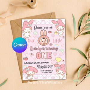 Kawaii Hase Geburtstagseinladung, Melodie Geburtstagseinladung, süße Schleife Rosa Kawaii-Einladung, Kawaii-Geburtstag einladen, Kawaii-Party einladen