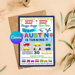 Editable Transportation Birthday Party Invitation, Vroom Beep Chugga Choo Choo, Modern Transportation Invite, Printable Transportation Party