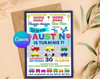 Editable Transportation Birthday Invitation: Vroom Chugga Choo Choo (Digital, via Canva)