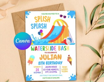 May include: A colorful invitation for a water slide party to celebrate Julian's 8th birthday. The invitation features a cartoon water slide, a pool, and a popsicle. The text reads "Splish Splash Water Slide Bash to Celebrate Julian 8th Birthday Saturday, December 28th, Julian House, 123 Your Address, City, CA 23456, From 6:00PM - 9:00PM, Don't forget your swimsuit & towel, RSVP to Mom at 1234567890, Pearl The Whales".