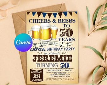 May include: A printable invitation for a 50th birthday party with a beer theme. The invitation features a brown background with blue and brown pennants, three beer mugs, and the text "Cheers & Beers to 50 Years". The invitation also includes the name "Jeremie" and the date "Saturday, October 29".