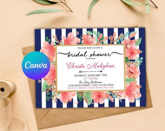 Floral Bridal Shower Invitation: Navy Stripe, Editable Canva Template (Digital Download)