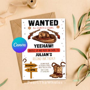 Editable Wanted Poster Birthday Invitation Template, Country Western Cowboy Party Invite, Printable Wild West Invitation Editable with Canva