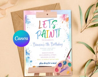 Invitación a fiesta de cumpleaños de arte: Tema de pintura, plantilla personalizable de Canva (descarga digital)