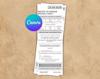 May include: A stack of white invitation cards with black text, featuring a birthday party notice. The cards include details like the date, time, and location, along with the text "Congratulations". A Canva logo is visible.