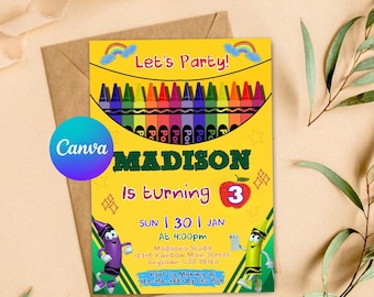 Invitación de cumpleaños editable con crayones: Plantilla de Canva para fiesta de arte (digital)