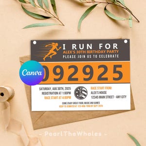 Peut inclure: Une invitation à une fête d'anniversaire sur le thème de la course à pied. L'invitation présente une silhouette de coureur, le texte "I Run For Alex's 30th Birthday Party" et le numéro 92925. L'invitation comprend également des détails sur la fête, tels que la date, l'heure et le lieu.