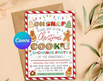 Peut inclure: Une invitation festive pour une fête d'échange de biscuits de Noël avec une bordure à rayures rouges et blanches. L'invitation présente des illustrations de biscuits en pain d'épices et le texte "Oh Snap, Please Join Us For A Christmas Cookie Exchange Party".