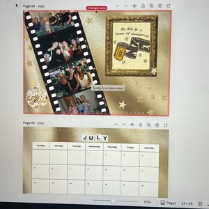 May include: A calendar page with photos and text. The top section features a film strip with photos and a framed image with text. The bottom section displays a calendar grid for July.