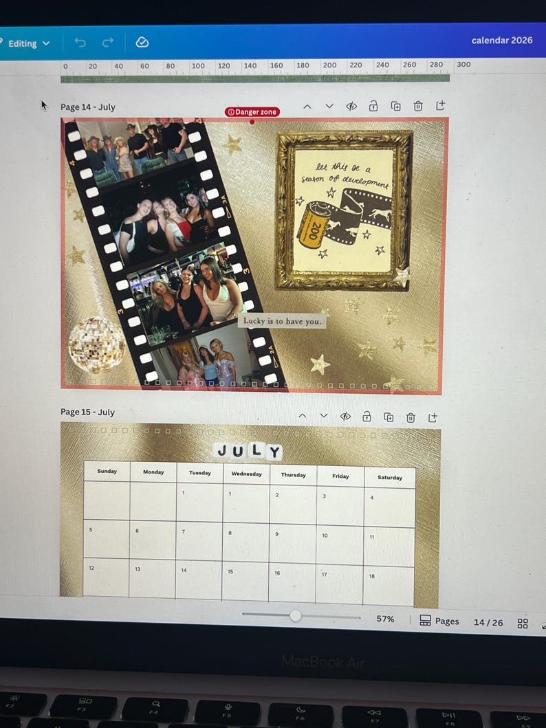 May include: A calendar page with photos and text. The top section features a film strip with photos and a framed image with text. The bottom section displays a calendar grid for July.