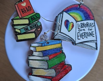 Book Earrings: Sterling Silver, Lightweight Wood, Librarian Gift