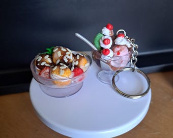 Dessert Keychain, Cream Puff w/ Almonds, Strawberries, Chocolate Keychain, Ice Cream Sundae Keychain