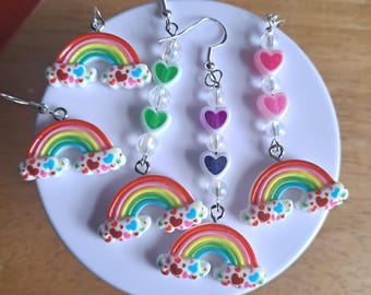 Rainbow Earrings, Rainbow with Hearts, Clouds Earrings