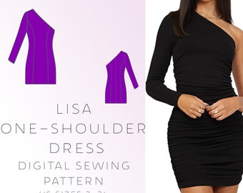 One Shoulder Tight Bodycon Dress DIGITAL Sewing Pattern, US Sizes 2-24, PDF, A4 Format, A0 Format