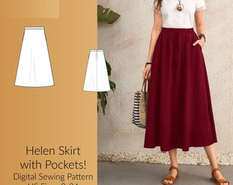 A-Line Skirt with pockets Digital Sewing Pattern, US Sizes 2-24, DIGITAL Pattern, sewing PDF