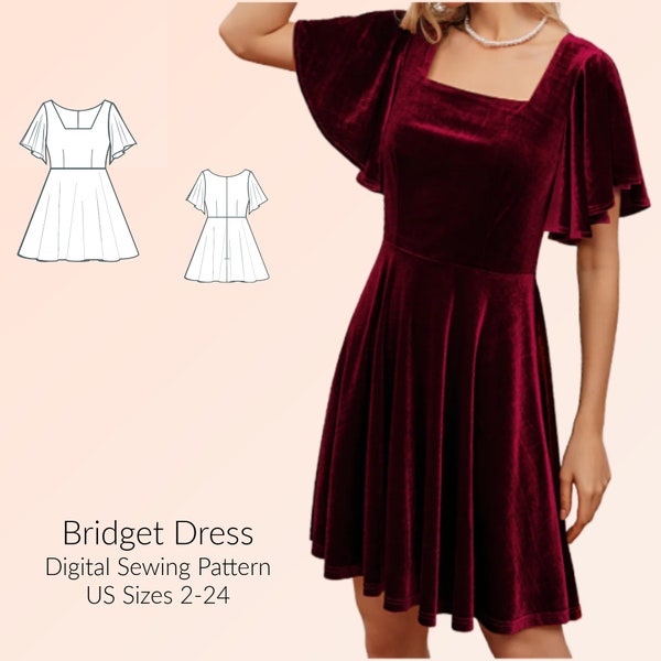Bridget Square Neck Butterfly Sleeve Dress DIGITAL PDF sewing pattern, US Sizes 2-24