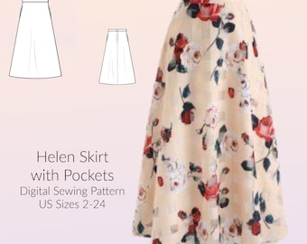 A-line Skirt with pockets Digital Sewing Pattern, US Sizes 2-24, DIGITAL Pattern, sewing PDF