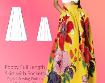 Poppy Skirt with pockets Digital Sewing Pattern, US Sizes 2-24, DIGITAL Pattern, sewing PDF