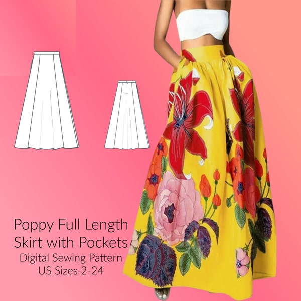 Poppy Skirt with pockets Digital Sewing Pattern, US Sizes 2-24, DIGITAL Pattern, sewing PDF