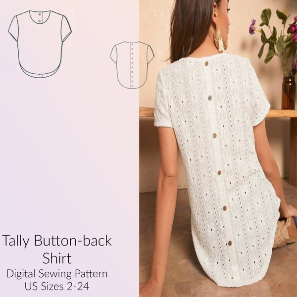 Tally Button Back T-Shirt Sewing Pattern,DIGTIAL Sewing pattern US Sizes 2-24, sewing PDF