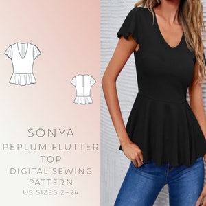 May include: A digital sewing pattern for a black peplum flutter top. The pattern includes instructions for sizes 2-24. The image shows a model wearing the finished top.