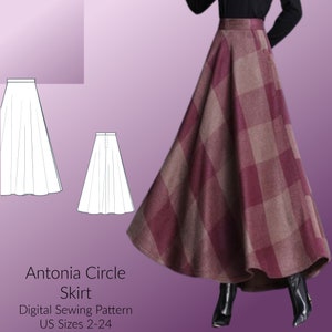 May include: A digital sewing pattern for a circle skirt called Antonia Circle Skirt. The pattern is for UK sizes 6-28. The image shows a model wearing a plaid circle skirt.