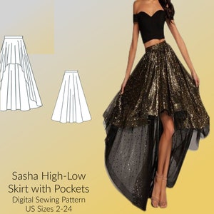 Sasha High-Low Skirt with Pockets Digital Sewing Pattern, US Sizes 2-30, DIGITAL Pattern, sewing PDF