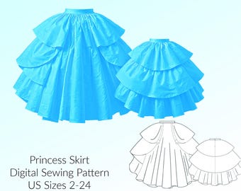 Princess Full Skirt Digital Sewing Pattern, US Sizes 2-30, DIGITAL Pattern, sewing PDF