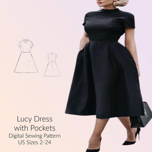 Lucy Vintage Style dress with pockets DIGITAL PDF sewing pattern, US Sizes 2-24