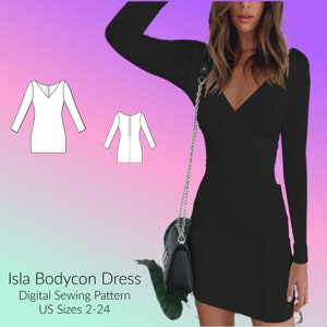 Isla Mini Deep V-neck Bodycon Dress DIGITAL Sewing Pattern, US Sizes 2-24, PDF